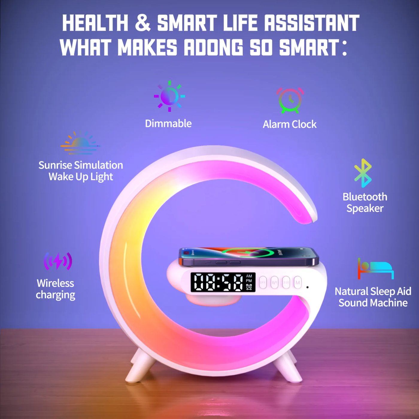 5-in-1 Smart RGB Wireless Charging Lamp Speaker Clock - Image 5