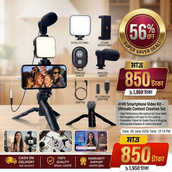 AY49 Smartphone Video Kit – LED Light, Microphone & Tripod Holder Set