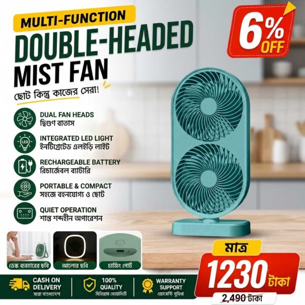double Head Rotating Desk Fan with 120° Adjustable Angle