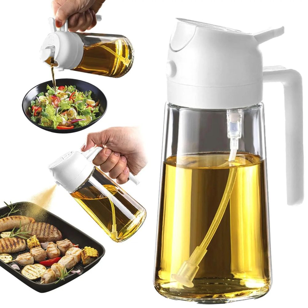 2 in1 Oil Dispenser Spray Bottle - KD078 Type: Herb & Spice Tool / Kitchen Oil Sprayer Material: High-quality PC Plastic + Glass Plastic Type: PC (Polycarbonate) Capacity: 500ml Feature: Eco-Friendly, Durable, Stocked Height: 18 cm Width: 7 cm Liquids Compatibility (যা ব্যবহার করা যাবে): Vegetable Oil Olive Oil Soy Sauce Lemon Juice Avocado Oil